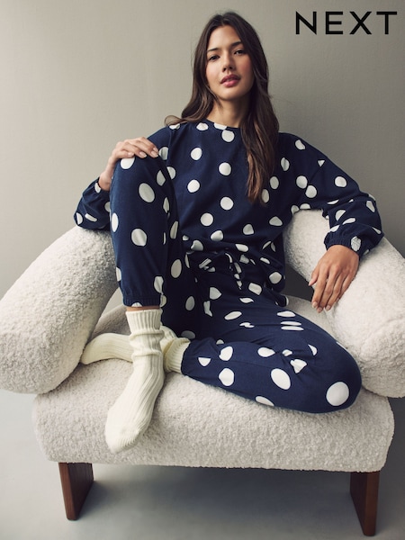 Navy Blue Spot 100% Cotton Long Sleeve Pyjamas (AJ7054) | £26