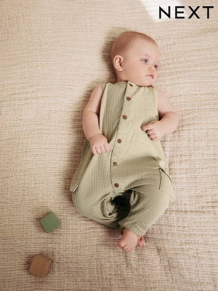 Sage Green Baby Woven Romper (0mths-2yrs) (AJ7135) | £13 - £15