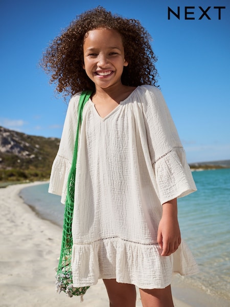 White 100% Cotton Beach Kaftan Dress (3-16yrs) (AJ7168) | £18 - £24