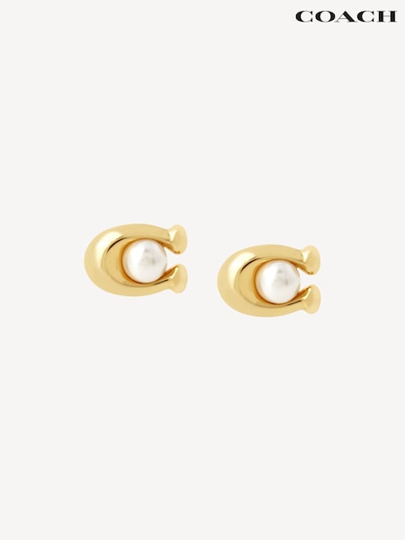 COACH Gold Tone Pearl Signature Stud Earrings (AJ7182) | £40