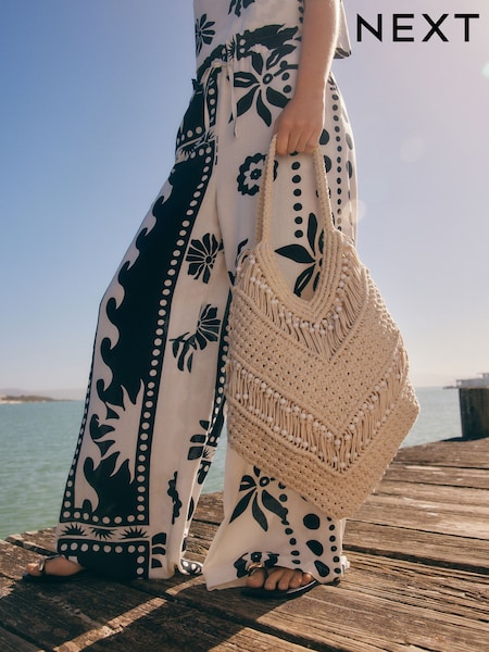 White Cotton Macrame Beaded Shoulder Bag (AJ7361) | £38