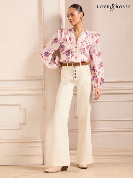 Love & Roses Ecru Wide Leg Button Fly Jeans (AJ7802) | £52