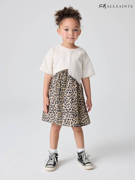 smALLSAINTS Natural Younger Girls Logo Leopard Print Asymmetric T-Shirt 100% Cotton Dress (AJ7839) | £28 - £30