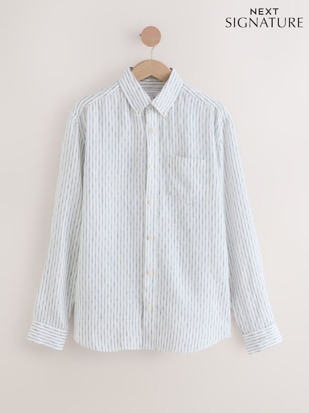 Navy Blue Signature 100% Linen Stripe Long Sleeve Shirt (AJ7982) | £42