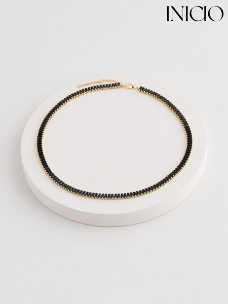Inicio Gold Tone Gift Pouch Jet Baguette Stone Tennis Necklace (AJ7998) | £35