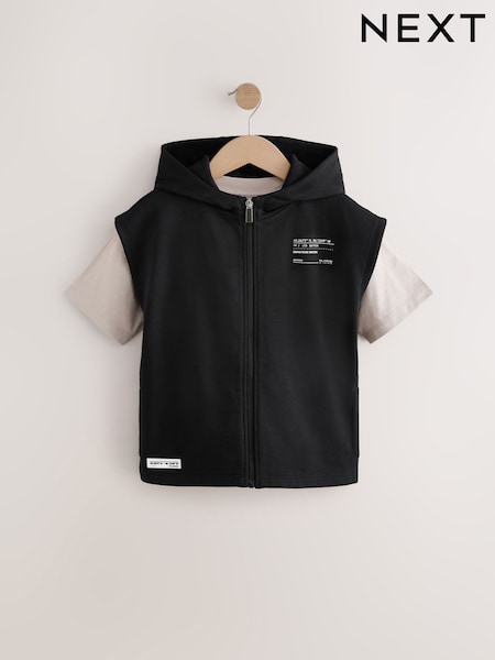 Black Dropped Shoulder Sleeveless Zip Through Hoodie and T-Shirt Set (3-16yrs) (AJ8074) | £22 - £27