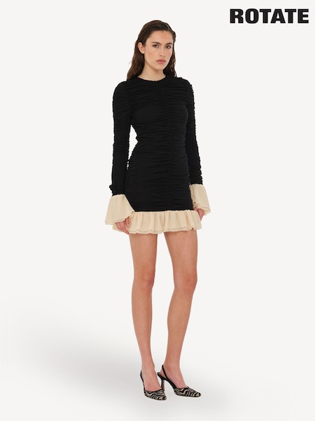 Rotate Black Mini Rushed Long Sleeve Dress (AJ8084) | £120