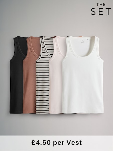 The Set Black/Rust/Cream/Peach Pink/Ecru Stripe 5 Pack Ribbed Scoop Neck Vests (AJ8135) | £22.50