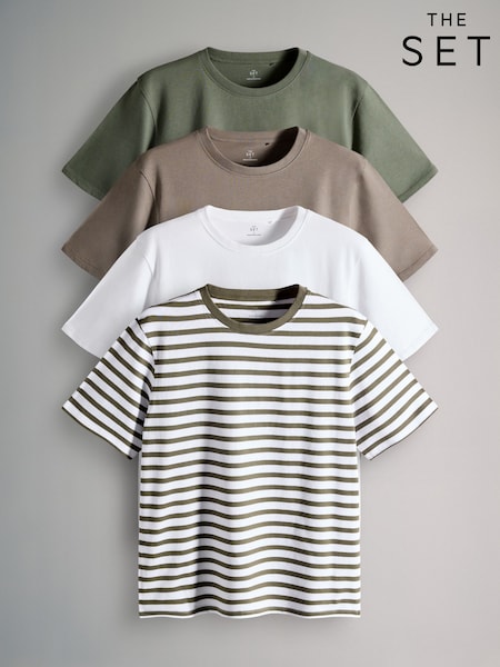 The Set Green/Grey Marl/White/Green Stripe 4 Pack Short Sleeved Relaxed T-Shirts (AJ8143) | £22