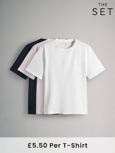 The Set Navy/Cream/Peach 3 Pack Relaxed Short Sleeve 100% Cotton T-Shirts (AJ8150) | £16.50