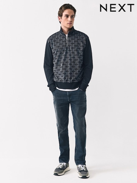 Black Geometic Flocking Print Quarter Zip Neck Sweater (AJ8271) | £34