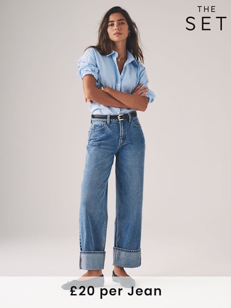 The Set Mid Blue/Dark Blue 2 Pack Wide Leg Turn Up Hem Jeans (AJ8325) | £40