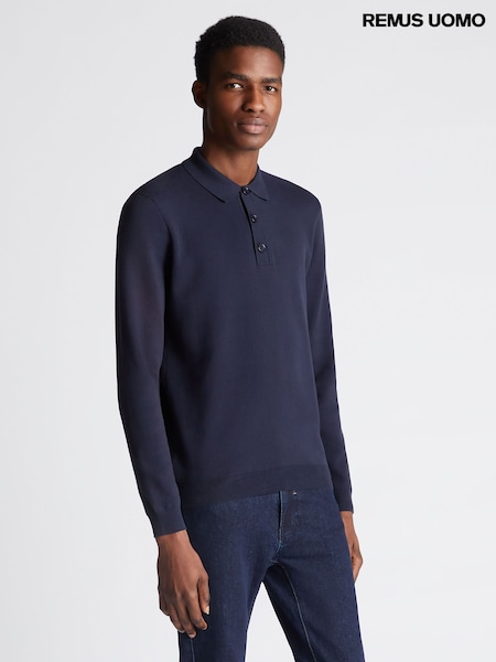 Blue - Regular Remus Uomo Long Sleeve Knited Polo Shirt