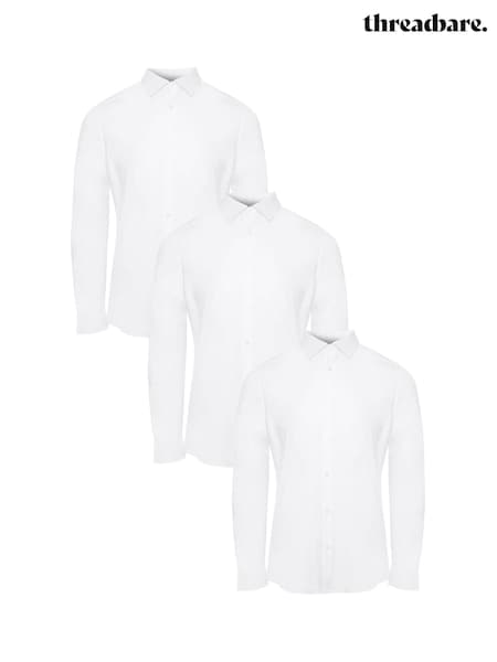 Threadbare White Cotton Poplin Long Sleeve Shirts 3 Pack With Stretch (AJ8507) | £60