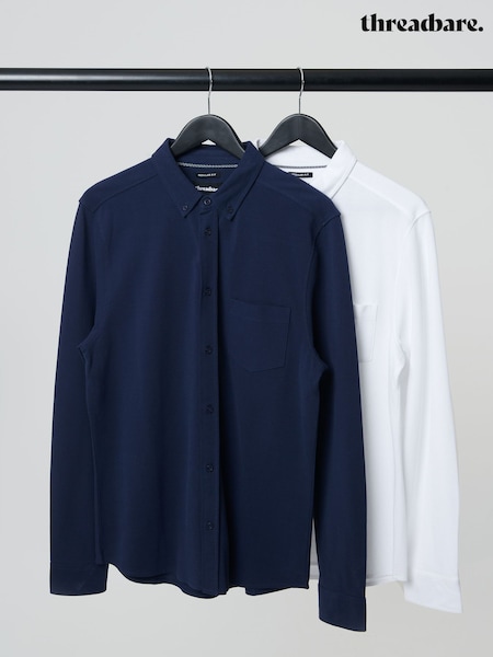 Threadbare Navy Blue/White Jersey Long Sleeve 100%Cotton Shirts 2PK (AJ8527) | £40
