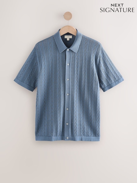 Blue Silk Rich Signature Button-Through Polo Shirt (AJ8698) | £48
