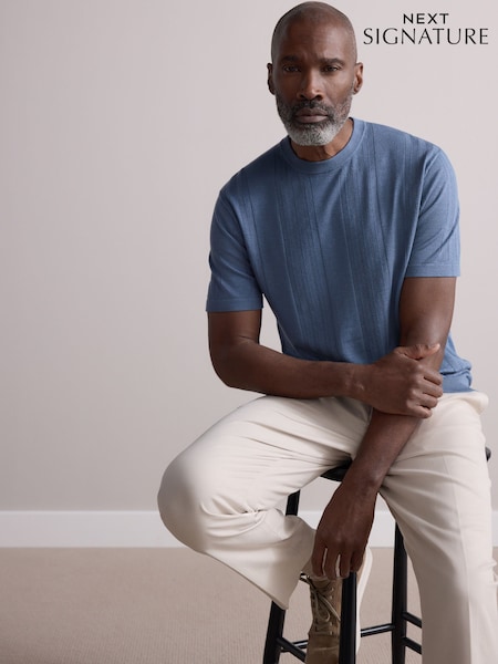 Blue Regular Fit TENCEL™ Signature Short Sleeve Textured Stripe Crew T-Shirt (AJ8700) | £32