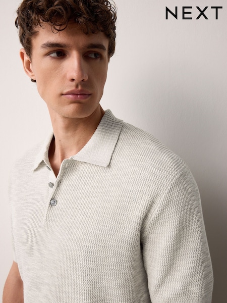 Neutral Regular Fit Cotton Rich Short Sleeve Knit Polo Shirt with Linen (AJ8706) | £34