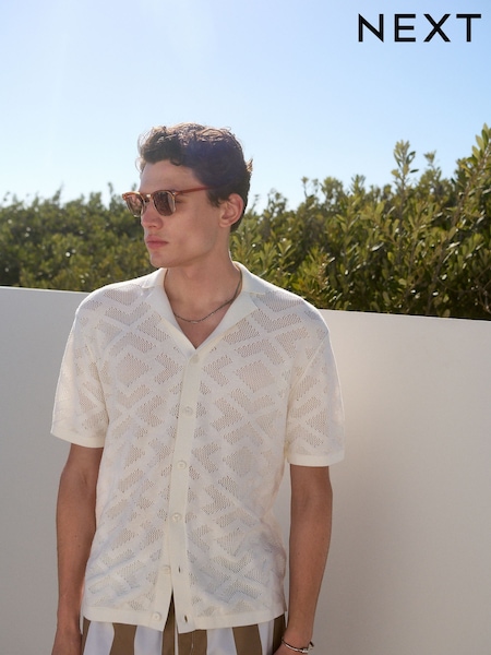 White Relaxed Fit 100% Cotton Short Sleeve Pointelle Knit Shirt with Cuban Collar (AJ8724) | £34