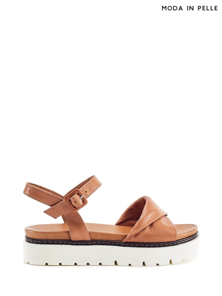 Brown - Moda In Pelle Kiarra Leathe Buckle Strap Crossover Sandals