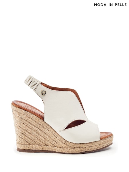 White - Moda In Pelle Keerah Leather Peep Toe Raffia Wedge Sandals