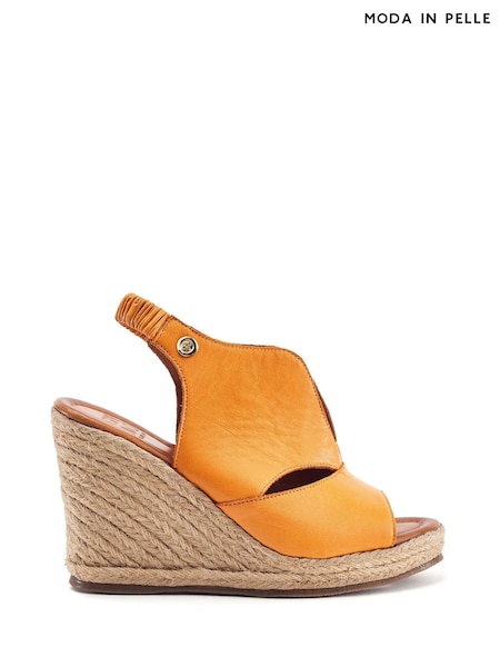 Orange - Moda In Pelle Keerah Leather Peep Toe Raffia Wedge Sandals