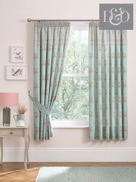 D&D Duck Egg Lorena Patchwork Lined Pair of Pencil Pleat Curtains with TieBacks (AJ9337) | £45