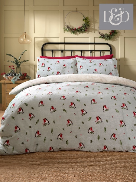 Dreams & Drapes Duck Egg Winter Robin Plush Duvet Cover Set (AJ9341) | £25 - £50
