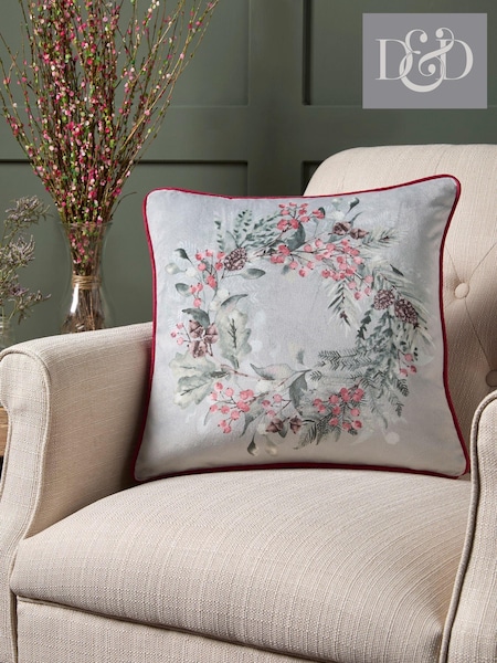 Dreams & Drapes Green Winter Sprigs Velvet Filled Cushion (AJ9434) | £16