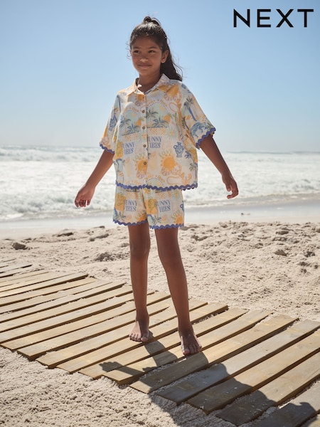Blue/Yellow Resort Print 100% Cotton Shirt And Shorts Co-ord Set (3-16yrs) (AJ9739) | £18 - £24