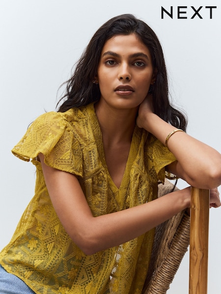 Ochre Yellow V-Neck Short Sleeve Lace Blouse (AJ9909) | £34
