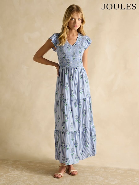 Joules Esme Blue Shirred Midi Dress (AK0011) | £49