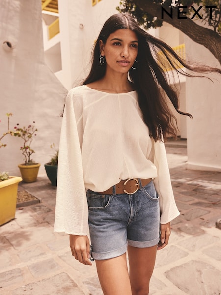 Ecru Long Sleeve Batwing Textured Blouse (AK0098) | £26