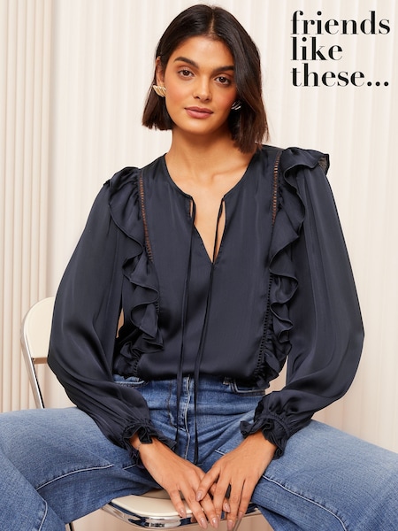 Friends Like These Navy Long Sleeve Ruffle Trim Tie Front Blouse (AK0119) | £35
