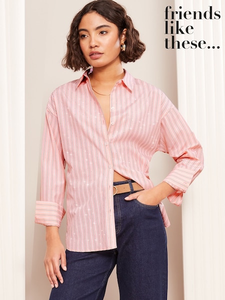 Friends Like These Pink Cotton Poplin Stripe Dimante Shirt (AK0122) | £38