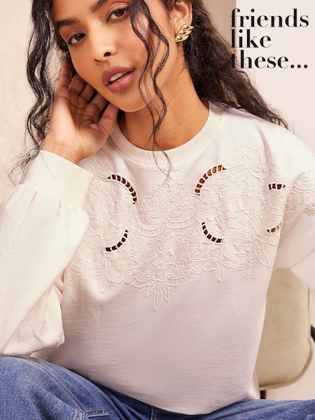 Friends Like These Cream Long Sleeve Crew Neck Embroidered Cutwork Sweatshirt (AK0136) | £34