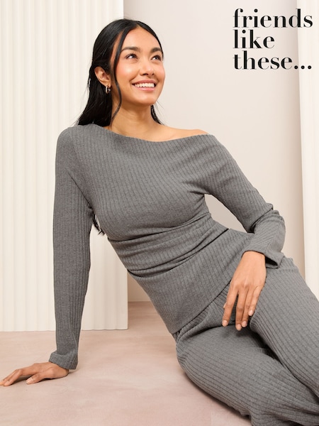 Friends Like These Grey Long Sleeve Off the Shoulder Ribbed Jersey Top (AK0139) | £32