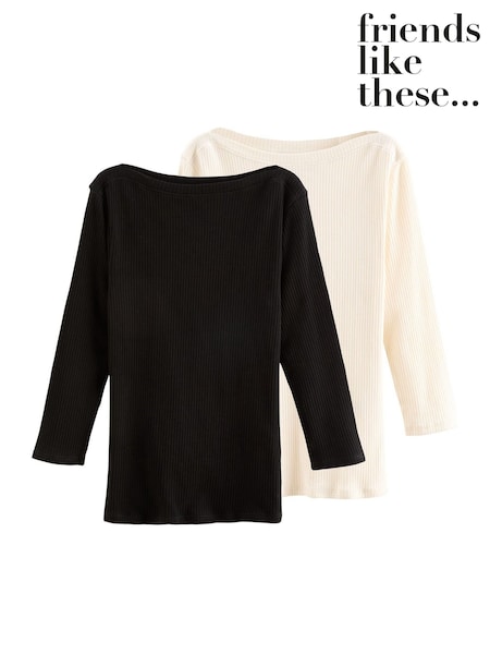 Friends Like These Black/Cream Ribbed Boat Neck 100% Cotton Jersey T-Shirts 2 Pack (AK0143) | £29
