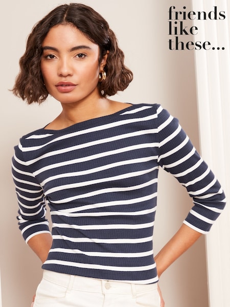 Friends Like These Black Stripe Ribbed Boat Neck 100% Cotton Jersey T-Shirts 2 Pack (AK0144) | £30