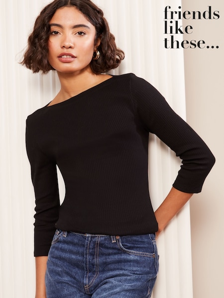 Friends Like These Black 100% Cotton 3/4 Sleeve Ribbed Boat Neck T-Shirt (AK0146) | £15