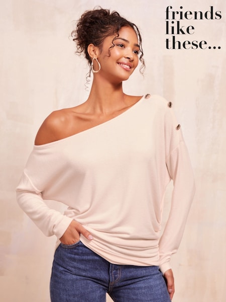 Friends Like These Cream Cosy Slash Neck Button Detail Top (AK0150) | £26