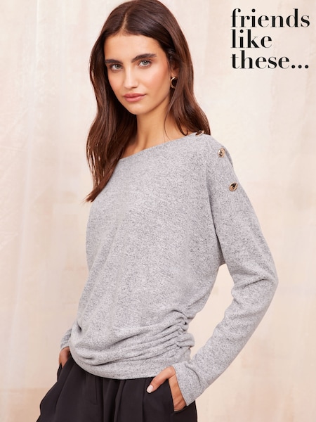 Friends Like These Grey Cosy Slash Neck Button Detail Top (AK0151) | £26