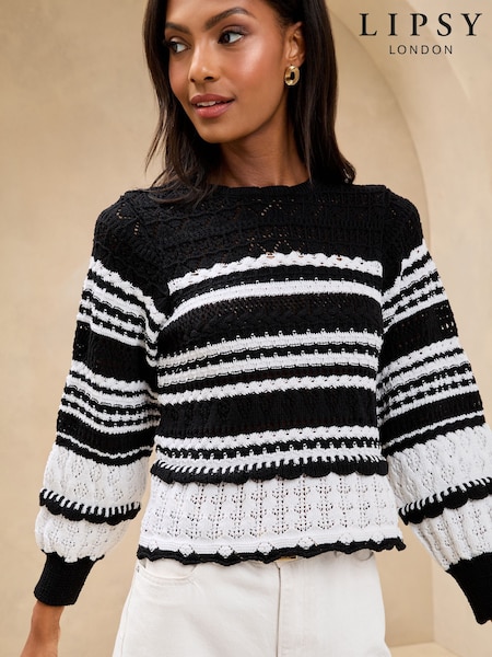 Lipsy Monochrome Crochet Summer Stitch Pointelle Knit Long Sleeve Top (AK0158) | £40