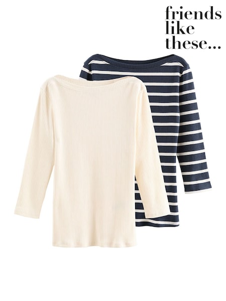 Friends Like These Cream Stripe Ribbed Boat Neck 100% Cotton Jersey T-Shirts 2 Pack (AK0288) | £30