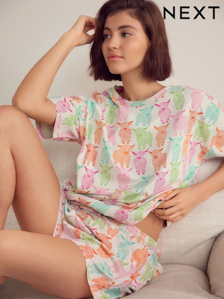 Ecru/Bright Hamish the Highland Cow 100% Cotton Short Sleeve Pyjamas (AK0612) | £20