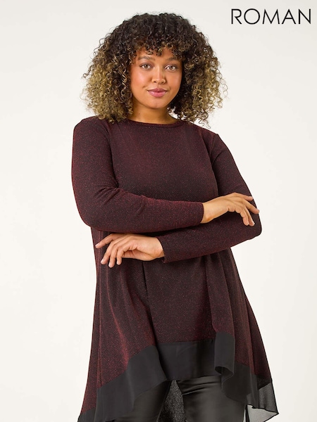 Roman Red Curve Glitter Chiffon Hem Tunic Top (AK0750) | £38