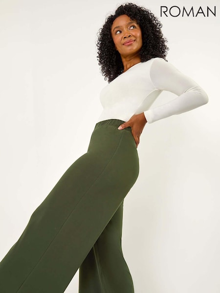 Roman Green Petite Elastic Waist Wide Leg Stretch Trousers (AK0780) | £32