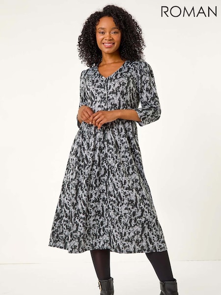 Roman Black Petite Floral Print Button Up Midi Dress (AK0802) | £45