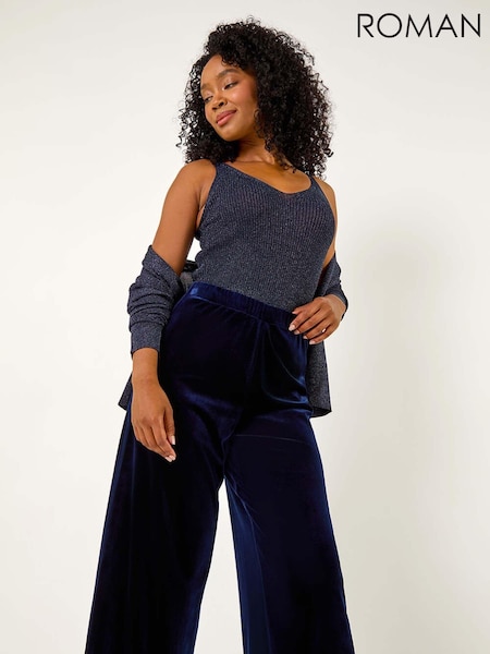 Roman Blue Velvet Petite Wide Leg Stretch Trousers (AK0804) | £45