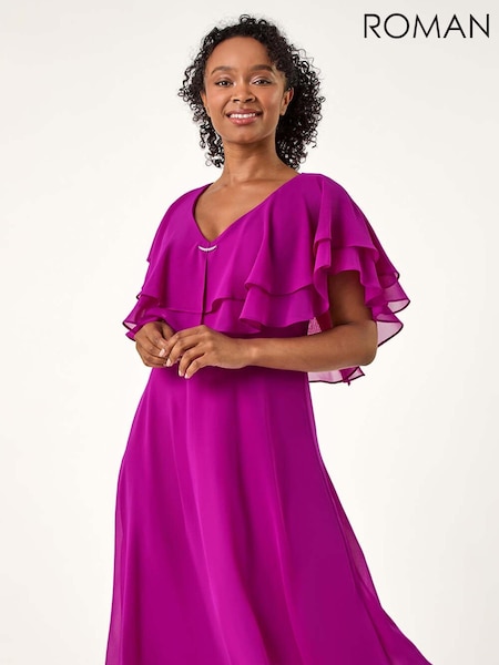 Roman Pink Petite V-Neck Flare Trim Detail Cape Dress (AK0823) | £62